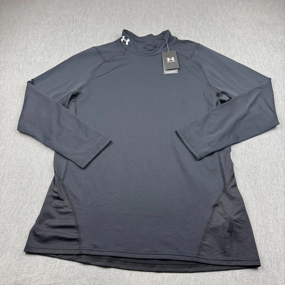 Under Armour T Shirt Mens 2XL XXL Black Fitted Mock Neck Cold Gear Baselayer NWT